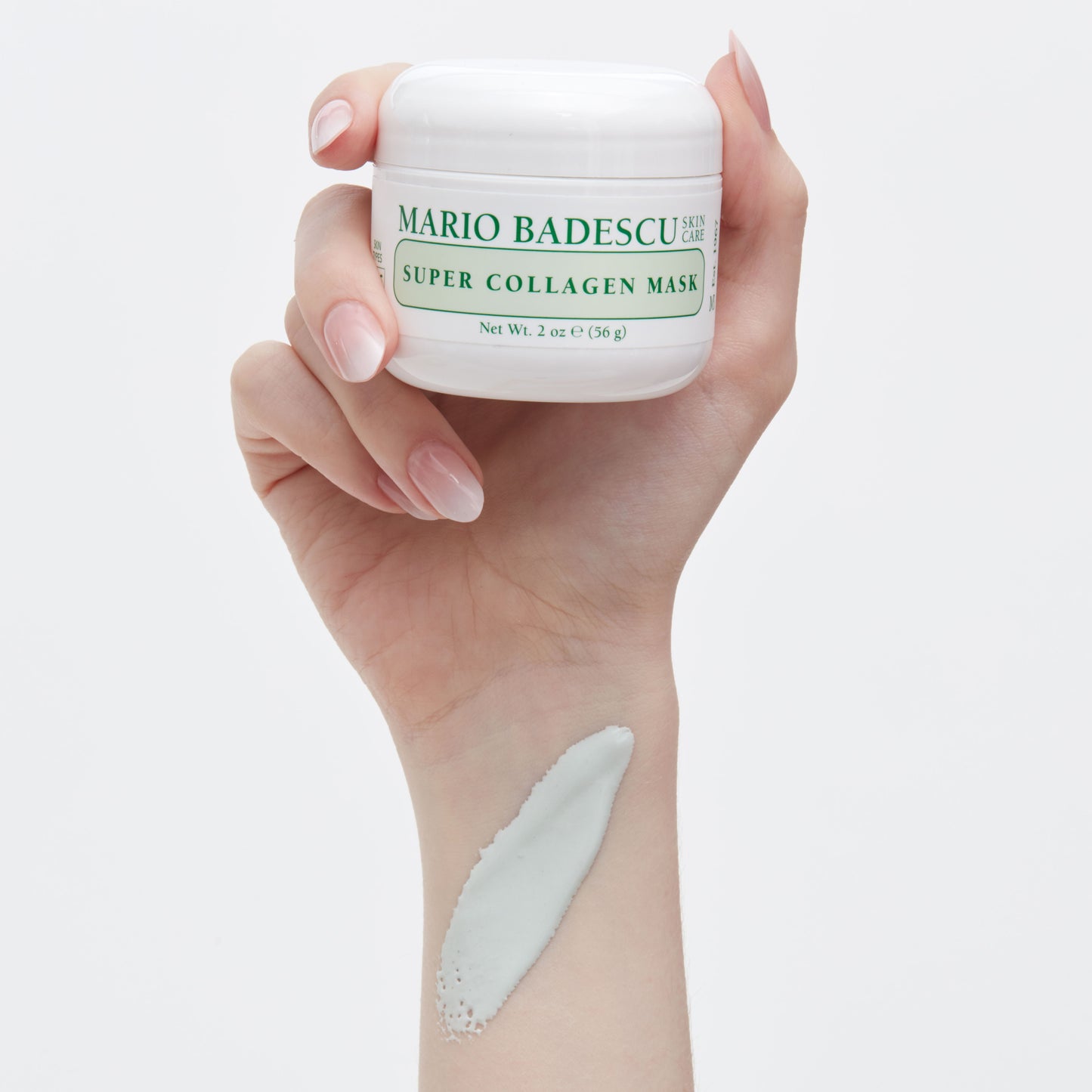 Demonstration showing Super Collagen Mask applied to a woman's inner wrist