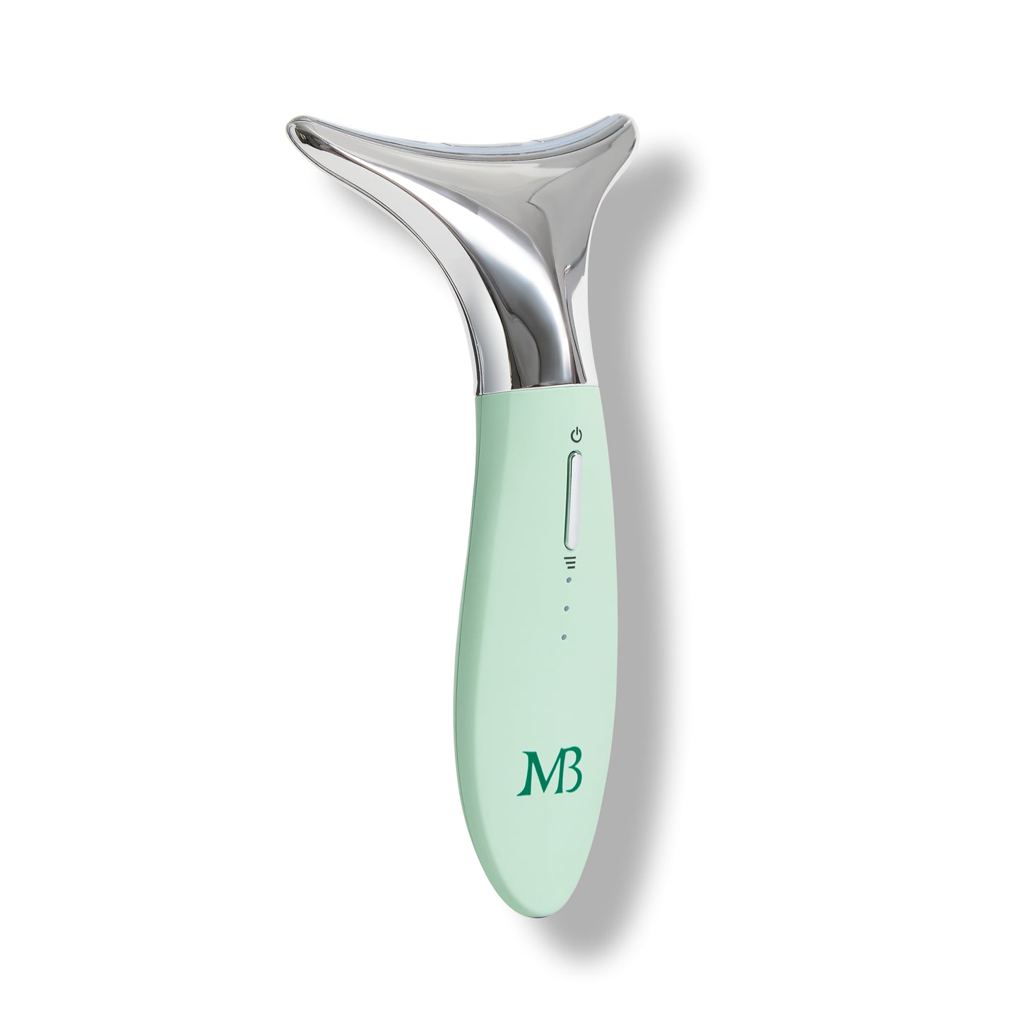 Mint green and silver skincare tool on a white background