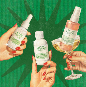 Mario Badescu skincare products with hands holding bottles and a glass against a green background