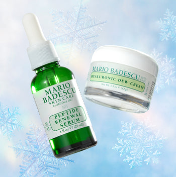 Mario Badescu Peptide Renewal Serum and Hyaluronic Dew Cream on a frosty background