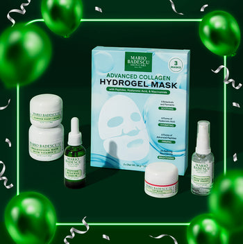 Mario Badescu skincare products including a hydrogel mask, serum, and cream on a green background with balloons.