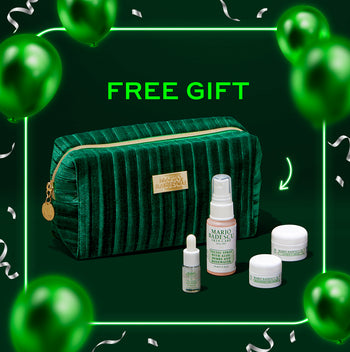Green velvet pouch with skincare products on a green background with 'FREE GIFT' text.