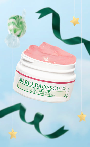 Mario Badescu lip mask with pink cream on a light blue background