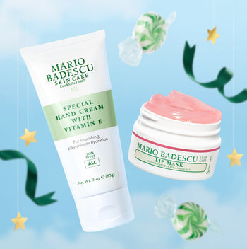 Mario Badescu Special Hand Cream with Vitamin E and Pink Lip Mask on a light blue background with decorative elements.
