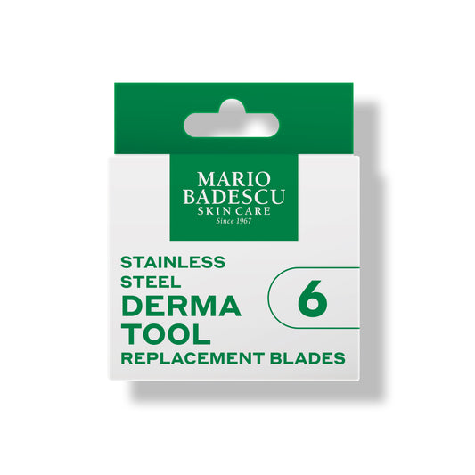 Pack of Mario Badescu stainless steel derma tool replacement blades on a white background