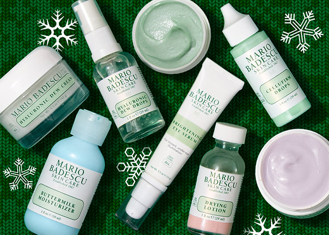 Mario Badescu skincare products on a green textured background with snowflake decorations