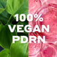 Split image with green leaves on the left and pink liquid with bubbles on the right, featuring '100% Vegan PDRN' text.