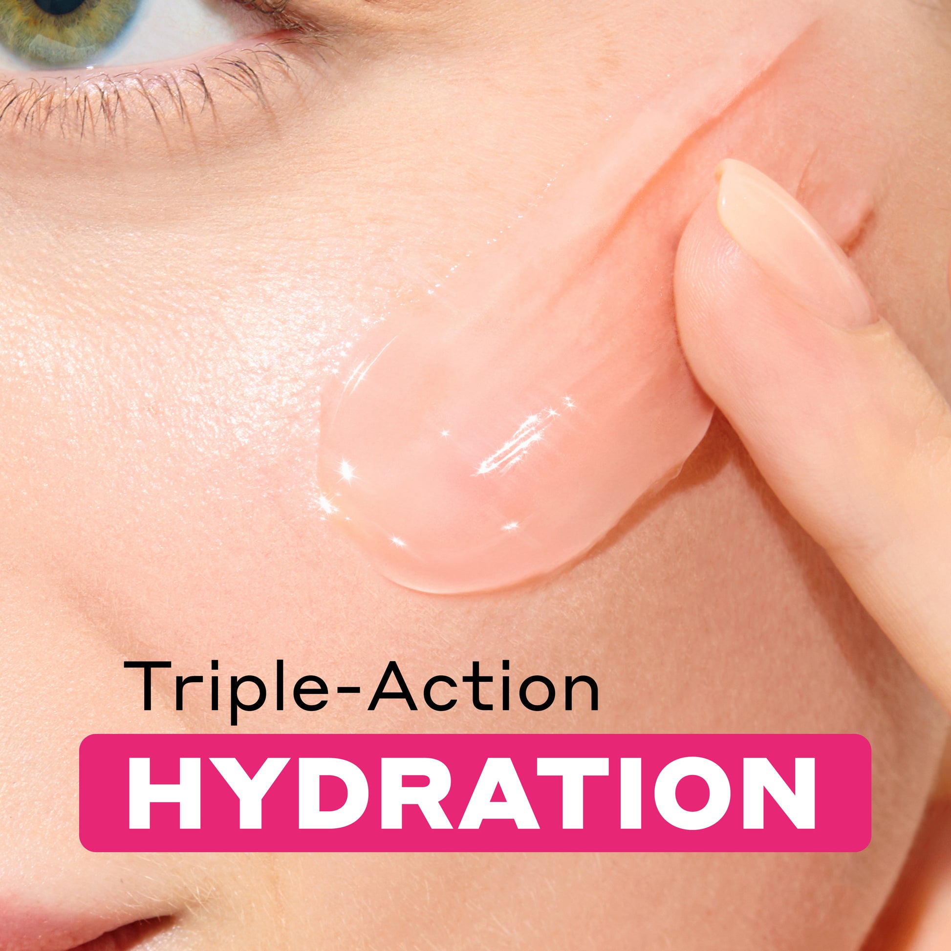 Close-up of a hydrated skin patch with 'Triple-Action Hydration' text.